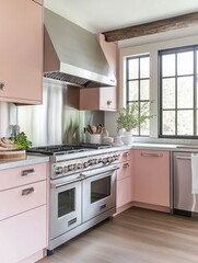 Fototapeta premium Stylish Pink Kitchen With Stainless Steel Appliances