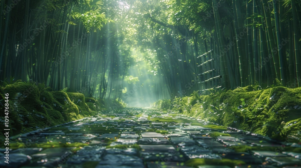 Poster a serene path through a lush bamboo forest illuminated by soft sunlight.