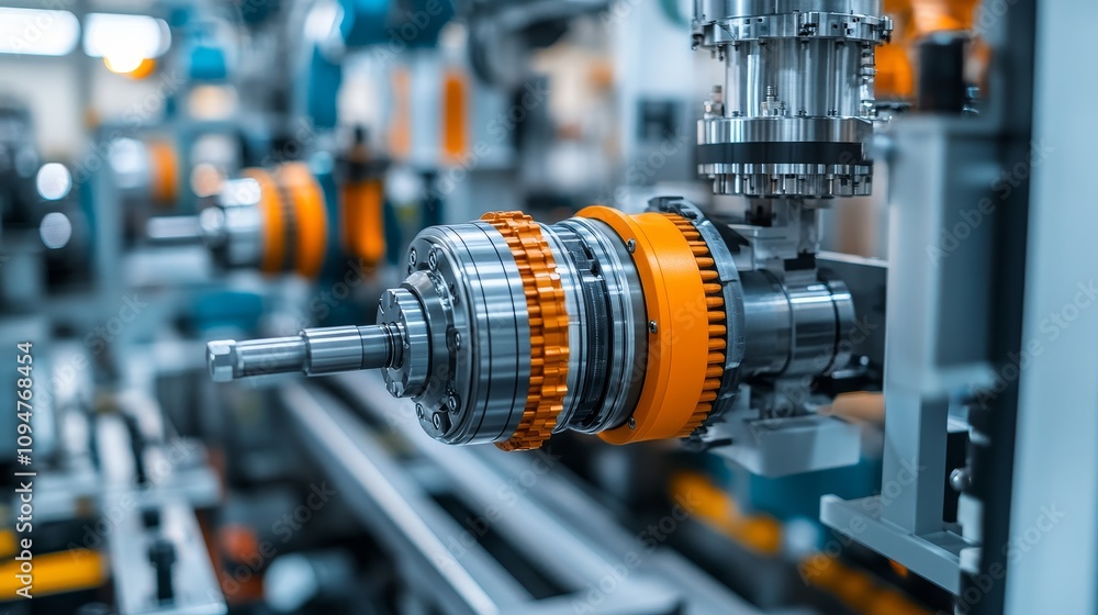 Poster close-up of a complex gear system in a factory setting