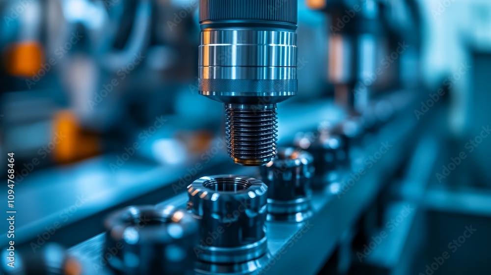 Poster close-up of a robotic drill in an automated manufacturing line