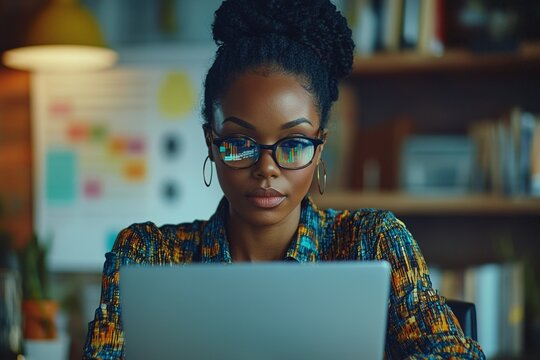 An African American woman confidently examines financial data on her laptop, surrounded by modern technology in an inspiring office setting.

 - Powered by Adobe