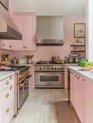Fototapeta premium Elegant Pink Kitchen With Gold Accents And Stainless Steel Appliances