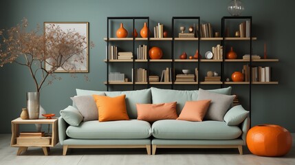 Scandinavian-inspired living room featuring a mint sofa with orange pillows, complemented by a sleek bookcase. Ideal for a cozy, vibrant home library.