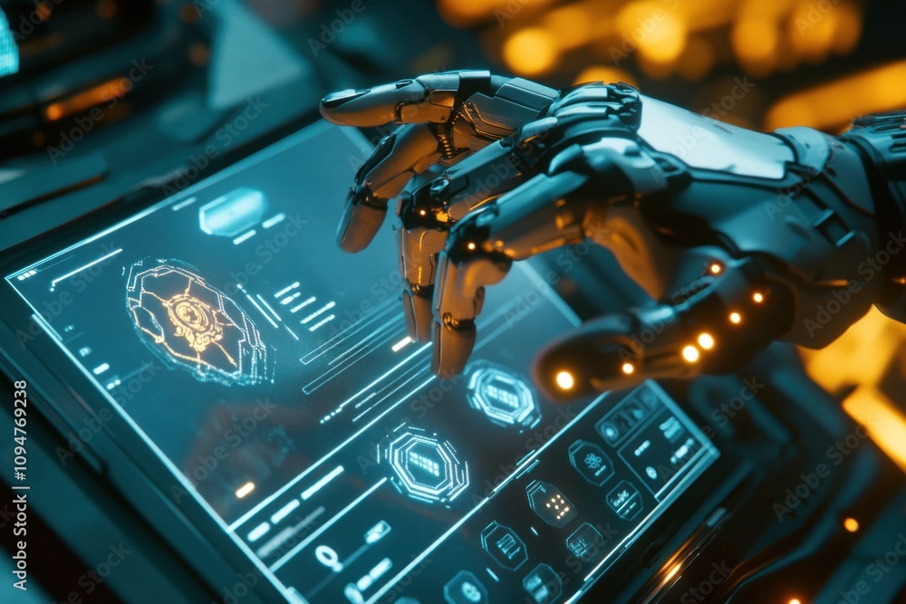 Poster robotic hand interacting with futuristic touchscreen interface.
