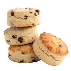 A stack of plain and chocolate chip scones with a slight crumbly texture, isolated on a transparent background