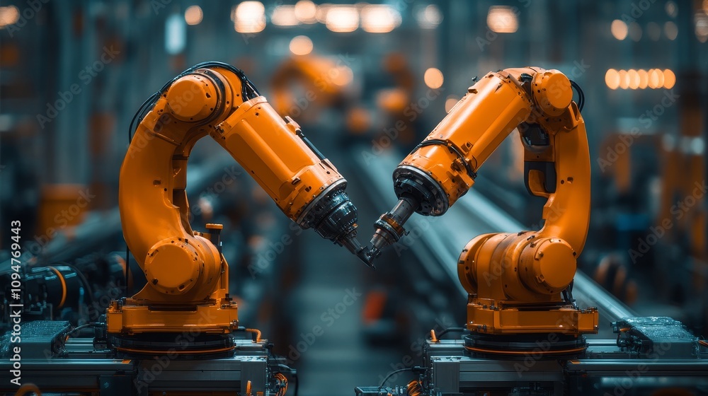 Poster two industrial robots working on an assembly line