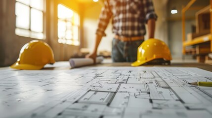 Engineers Reviewing Blueprints in a Bright Workspace with Construction Plans on the Table