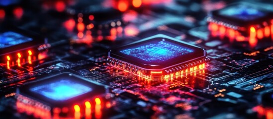 Obraz premium Close-up of illuminated microchips on a circuit board.
