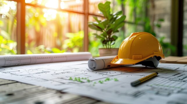Engineers Collaborating on Sustainable Building Plans Amidst a Lush Green Environment