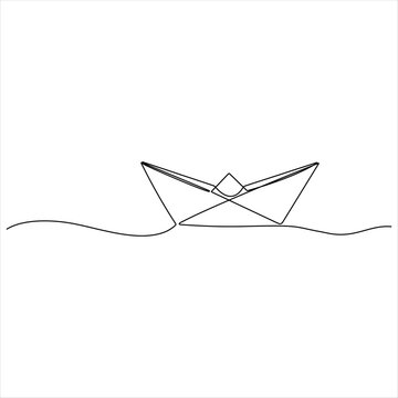 recommend clip art: Continuous single line art drawing of paper boat sailing on the water river origami toy design vector illustration