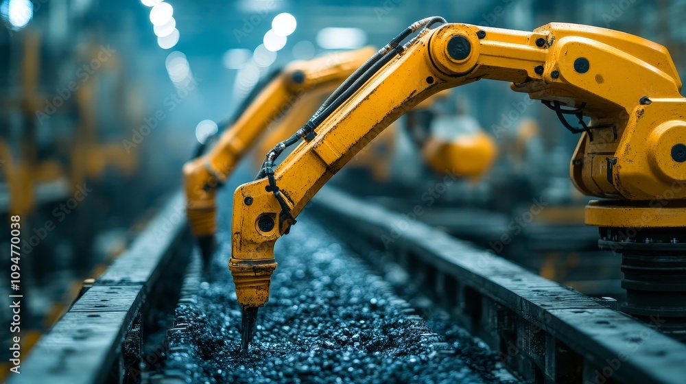 Poster industrial robots working on an assembly line