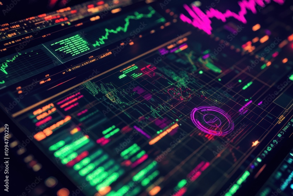 Poster close-up of a vibrant financial data display showing stock market charts and graphs.