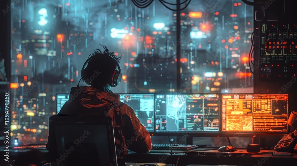 Poster a person with headphones sits in front of multiple screens, immersed in a high-tech environment.