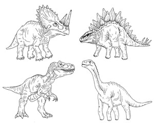 Graphics vector black and white dinosaur. Black line illustration with tyrannosaurus, stegosaurus, diplodocus, triceratops in the ink style. © Nellya Egorova