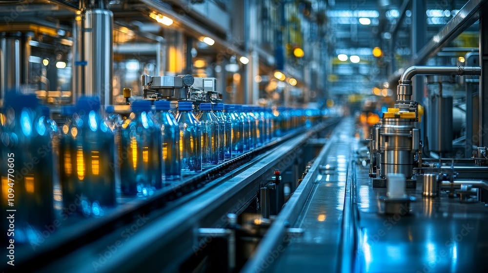 Poster automated bottling line in a modern factory