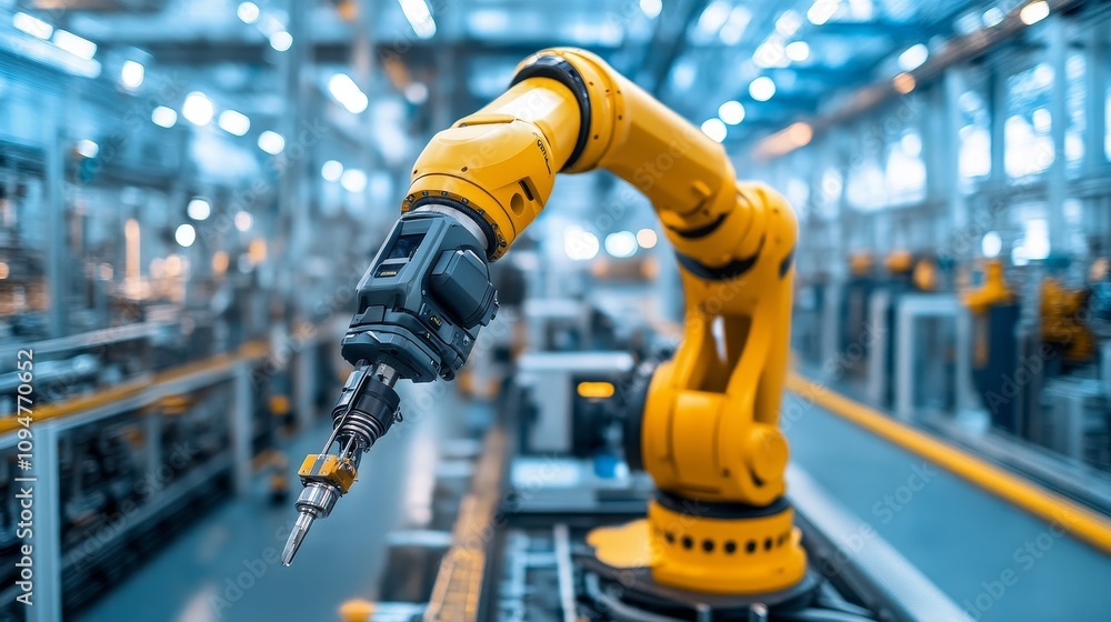 Poster yellow industrial robot arm with drill bit in a factory setting