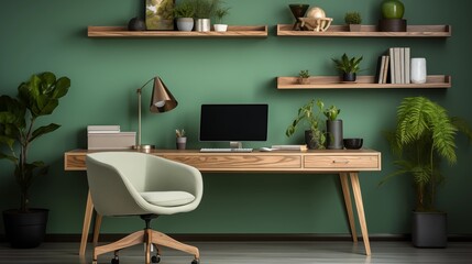 A stylish Scandinavian-inspired home office with a wooden desk, office chair, and vibrant green wall. Perfect blend of comfort and modern design for a productive workspace.