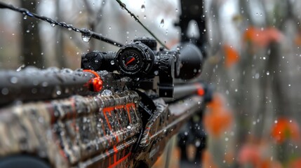 Fototapeta premium A close-up of a crossbow scope with rain droplets, set in a forest environment.