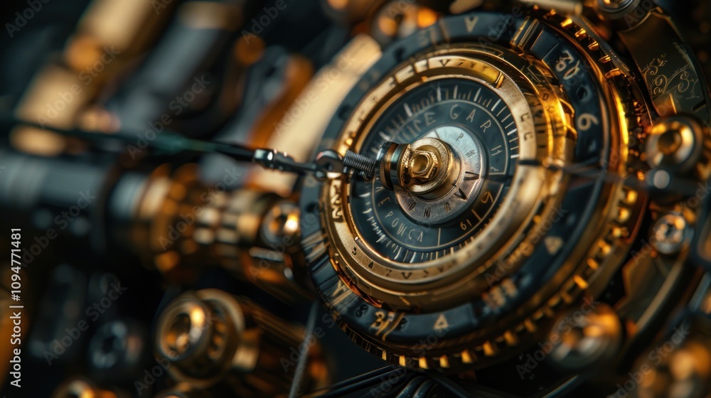 Poster a close-up of an intricate mechanical device featuring a vintage dial and gears.