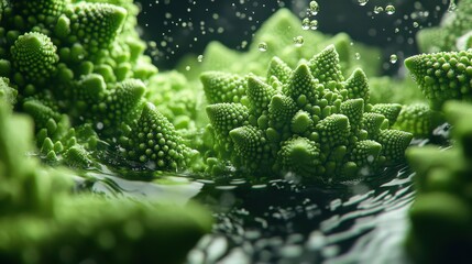 Deep Forest Green Romanesco Broccoli: Intricate Fractal Patterns with Water Droplets and Salt Crystals on a Black Background. High-Resolution, Ultra Sharp Food Photography.