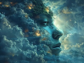 Dreamy abstract artwork showcasing a celestial scene filled with ethereal clouds and starry skies, blending soft hues of blue and hints of gold, evoking a sense of tranquility and wonder amidst the va