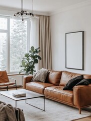Fototapeta premium Modern Living Room with Leather Sofa and Large Window