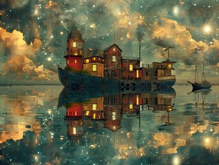 Enchanting surreal artwork featuring a whimsical boat illuminated against a starry cosmic background, reflecting on tranquil waters, merging elements of fantasy with a serene maritime scene.
