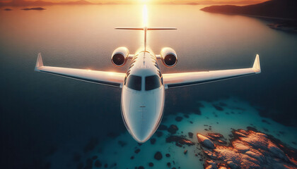 Private plane flying over the sea at sunset