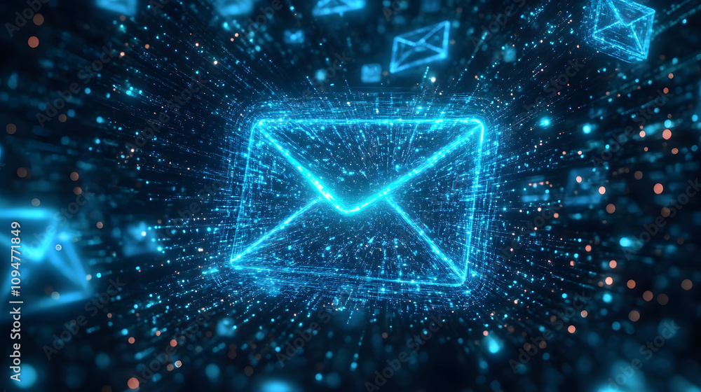 Poster a glowing blue mail icon surrounded by streams of digital data, symbolizing the fast flow of electro