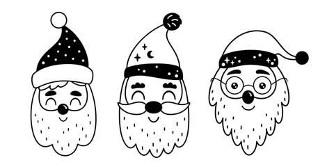 Cartoon Santa Claus Face Clipart. Black and White Xmas Character Doodle. Holiday Illustration in Vector Line Art
