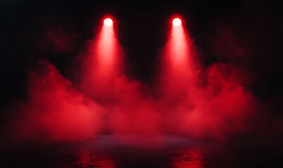  Free stage with lights and smoke, Empty stage with red spotlights, conser, show, party, Presentation concept. Red spotlight strike on black background 