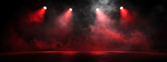  Free stage with lights and smoke, Empty stage with red spotlights, conser, show, party, Presentation concept. Red spotlight strike on black background 