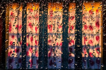 RainStreaked Window Reveals Blurred Floral Pattern, Autumn Hues