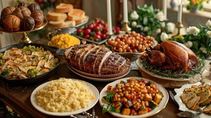 A festive table spread featuring various delicious dishes for a celebratory meal.
