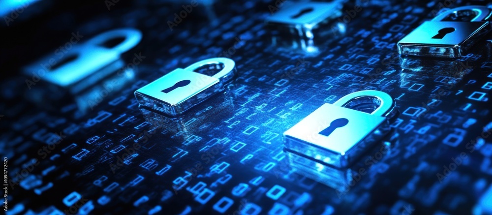 Poster digital security concept padlocks on binary code background.