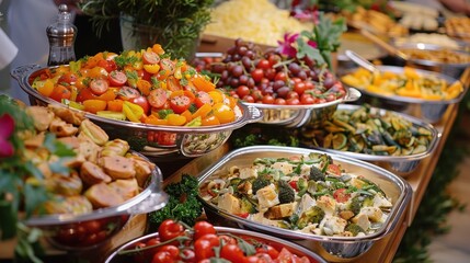 Obraz premium A colorful buffet featuring various salads, fruits, and vegetables for a festive gathering.
