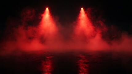 Naklejka premium Free stage with lights and smoke, Empty stage with red spotlights, conser, show, party, Presentation concept. Red spotlight strike on black background 