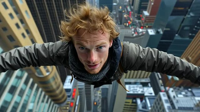 Adventurer performs daring stunt on skyscraper rooftop in an urban setting high above the city streets
