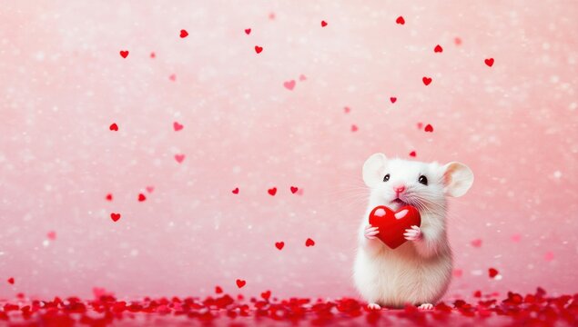 White hamster holding a red heart surrounded by floating hearts on a pink background during a festive celebration. Perfect gor Valentine's Day