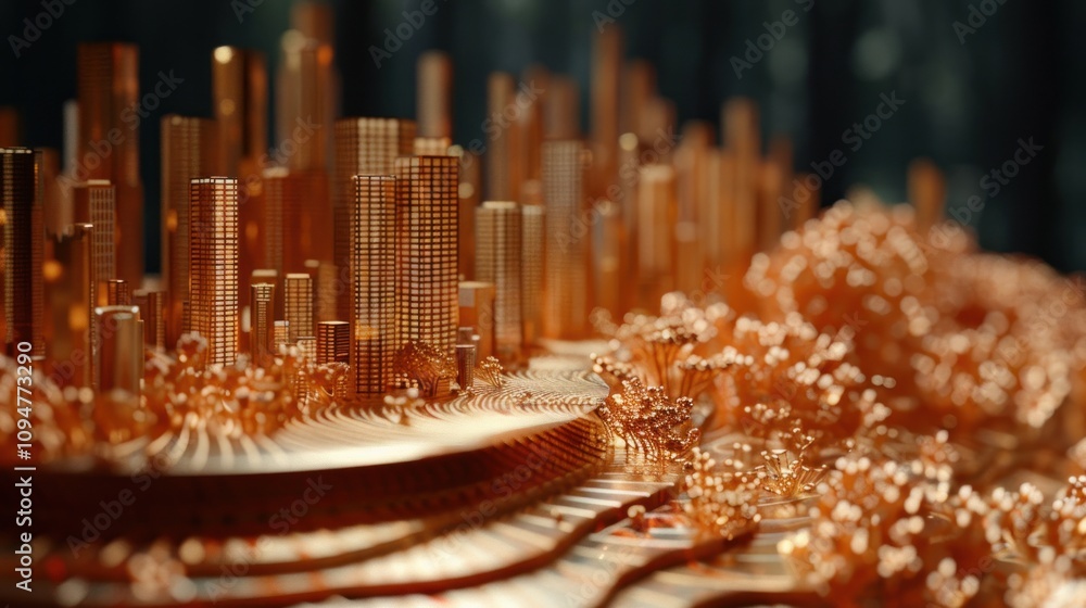 Poster abstract representation of urban landscapes with intricate structures and organic forms.