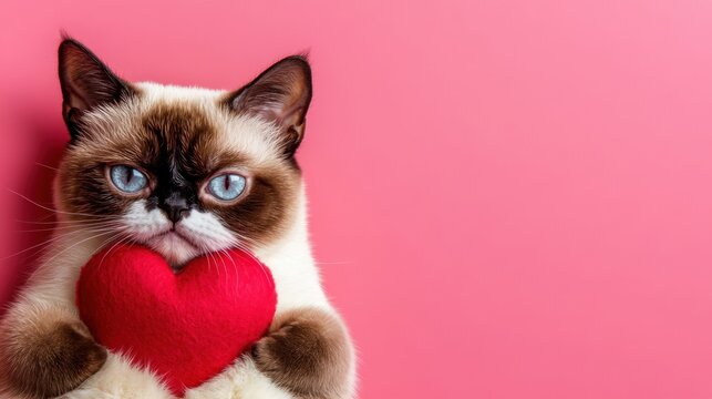 Cat holds a red heart against a pink background showcasing affection and charm in a playful display. Perfect gor Valentine's Day