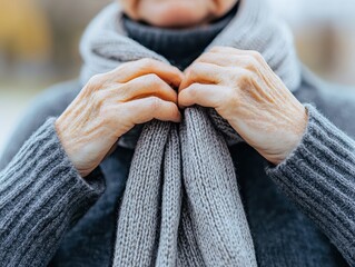 Close-up of elderly hands holding and adjusting a knitted gray scarf, highlighting warmth, comfort, and the passage of time.