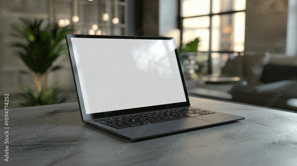 Poster laptop with a blank screen displayed for customization in an office-style environment