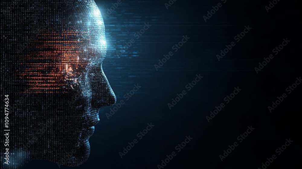 Aufkleber A futuristic side profile of a human face composed of glowing digital binary code streams, representing artificial intelligence and technology integration in a dark abstract setting