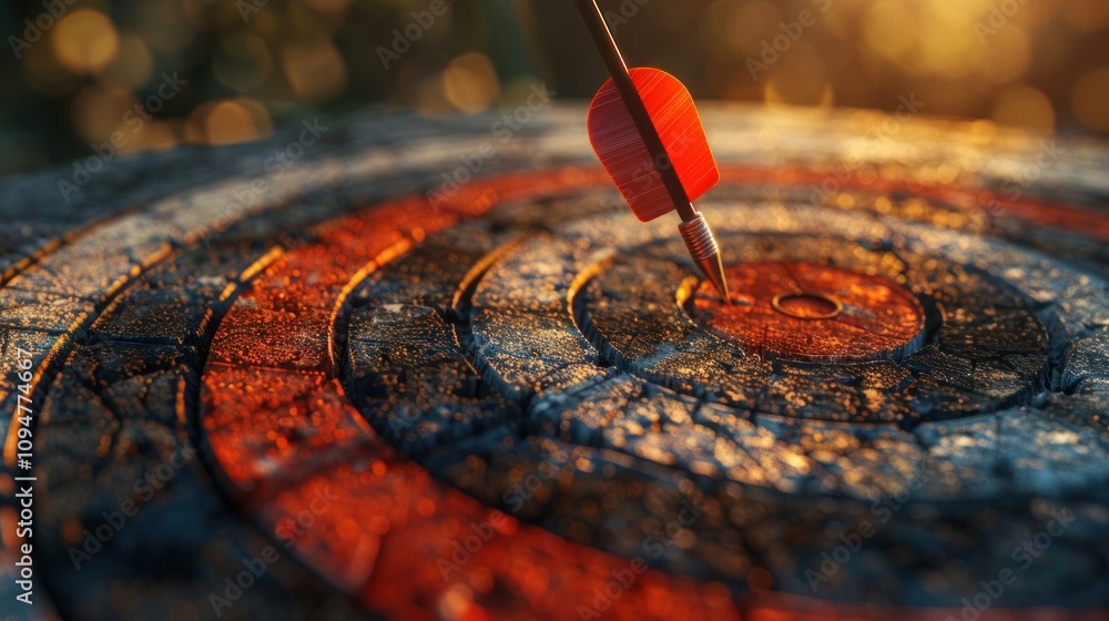 Poster a close-up of a dartboard with a dart hitting the bullseye, symbolizing precision and focus.