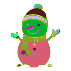 Snowman is green with a black hat on his head. He is wearing a green scarf around his neck. He has a big pink ball under his feet. His hands are outstretched in the air.