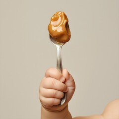 A spoonful of peanut butter is held in a baby's hand