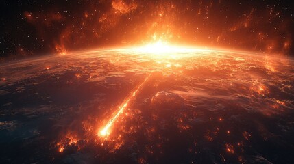 A fiery explosion illuminates a planet's surface, suggesting a catastrophic event.