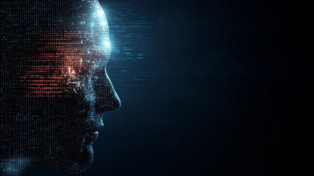 A futuristic side profile of a human face composed of glowing digital binary code streams, representing artificial intelligence and technology integration in a dark abstract setting