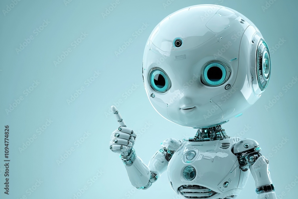 Poster A delightful robot, created by AI, pointing towards a space with available copy space.